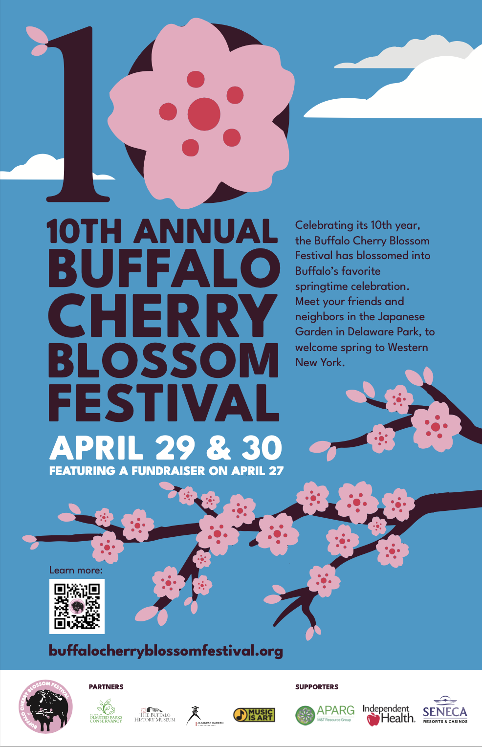 Poster for the 10th Annual Buffalo Cherry Blossom Festival April 29-30, featuring a fundraiser on April 27