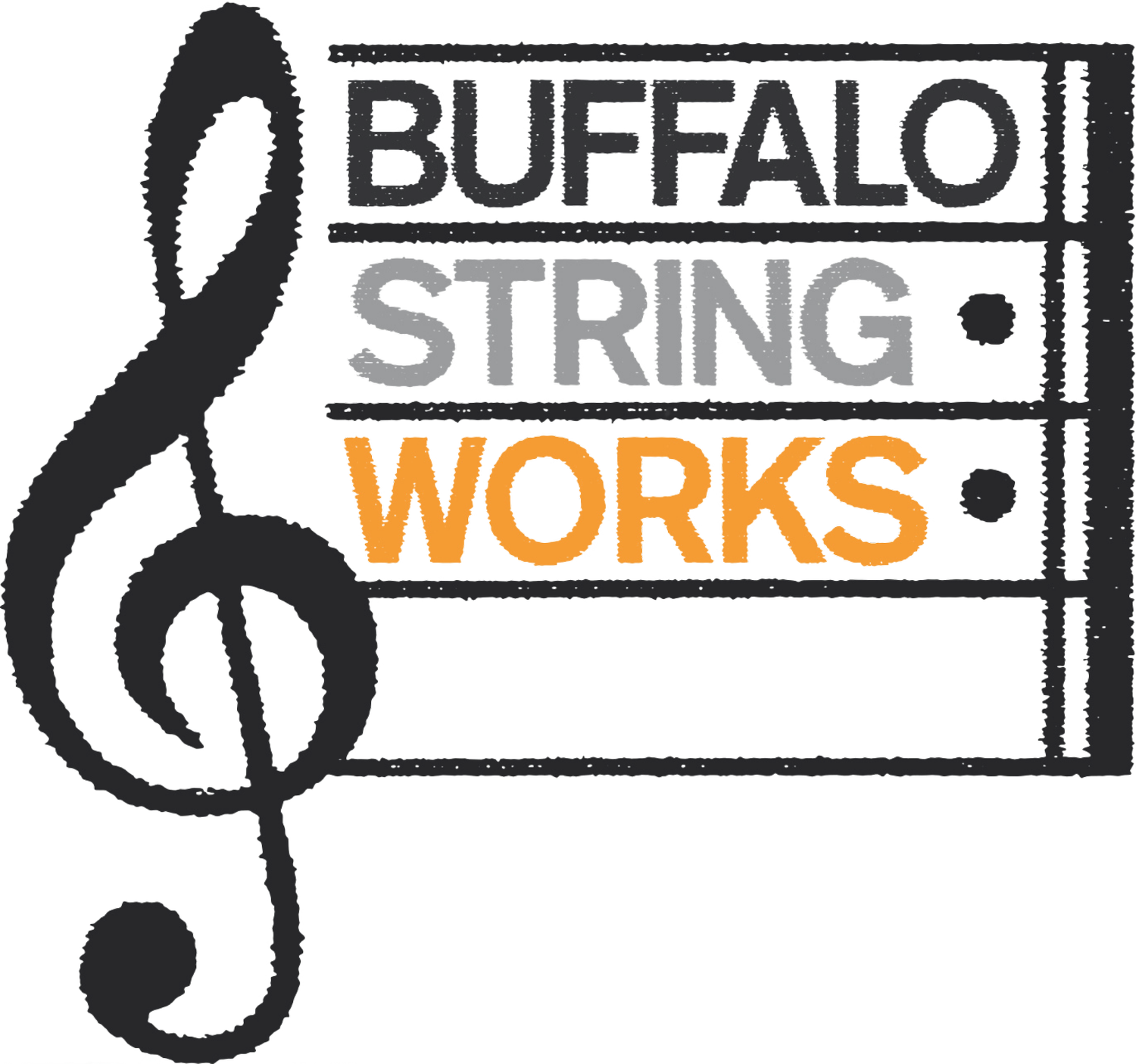 Musical note on the left with Buffalo String Works spelled out on a music bar