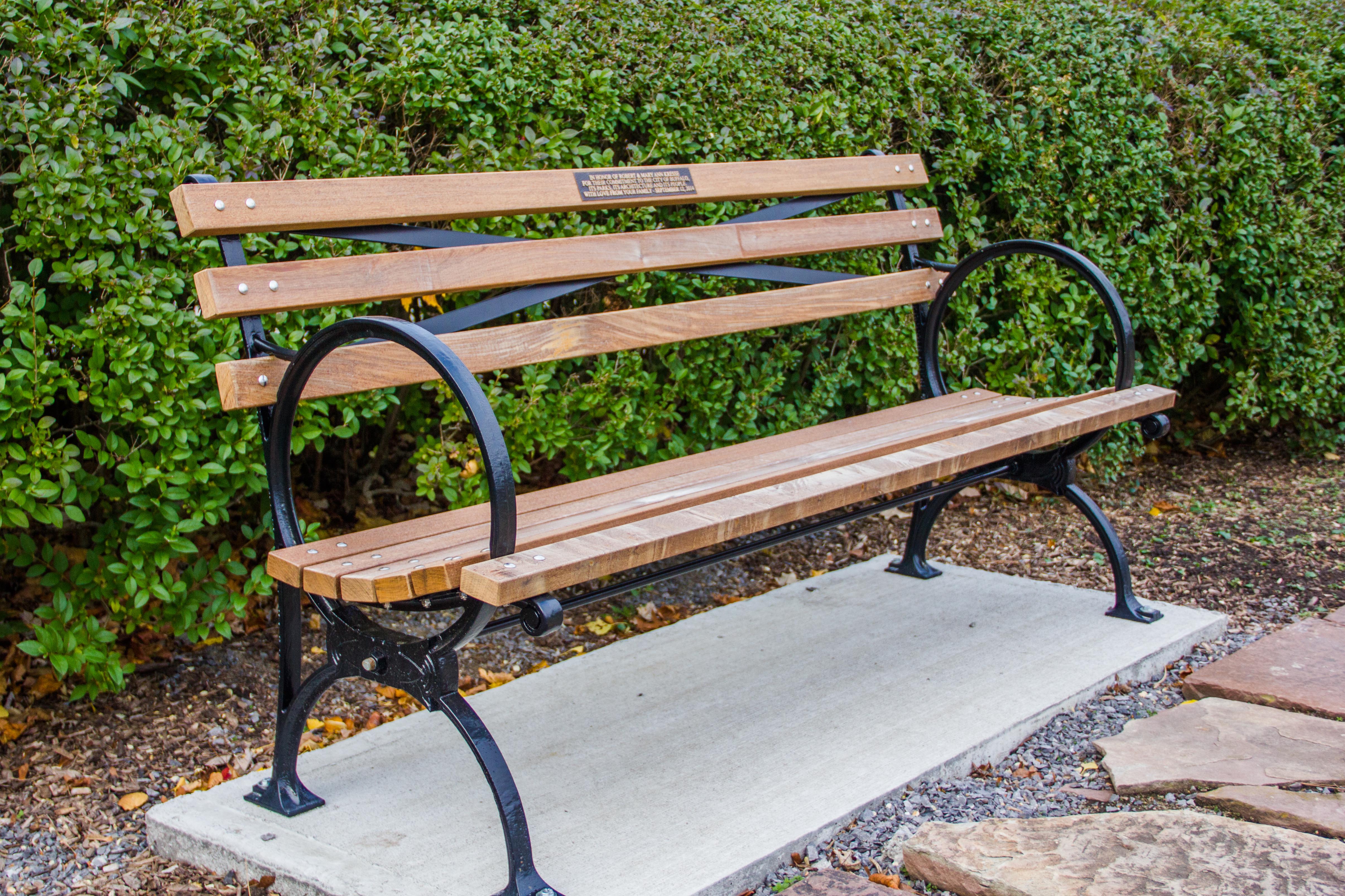Wood bench on a cement pad, against a green bush