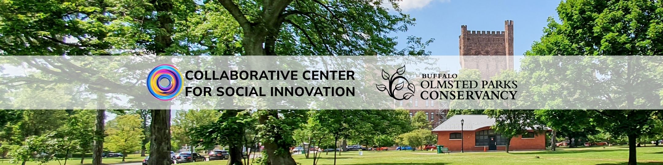 Background photo features Prospect Park, and a white bar with the Collaborative Center for Social Innovation and Buffalo Olmsted Parks logos