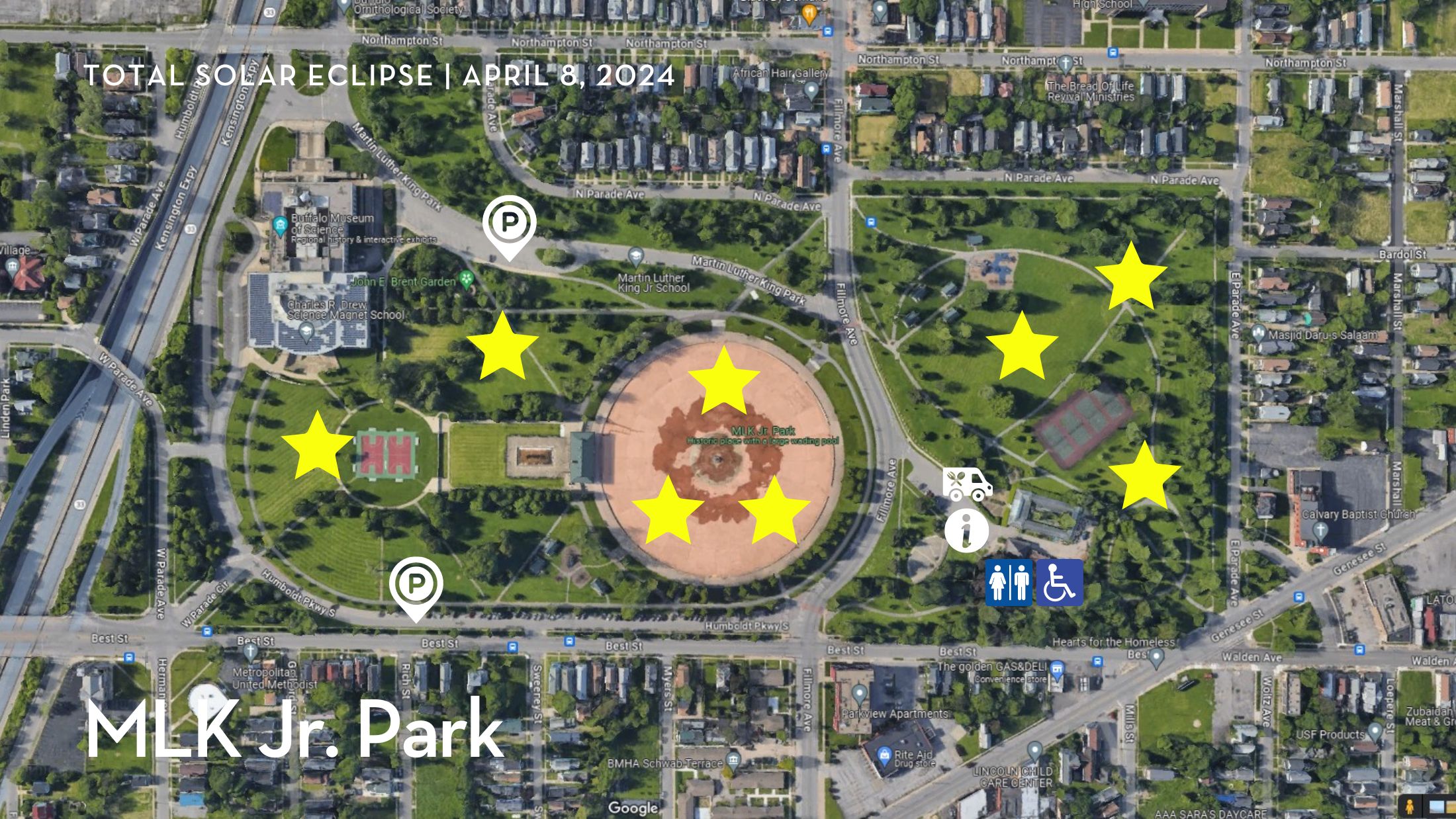 Google maps screenshot of MLK Jr. Park. showing yellow stars designating viewing spots for the Eclipse. Please call 716-495-7880 for more information.