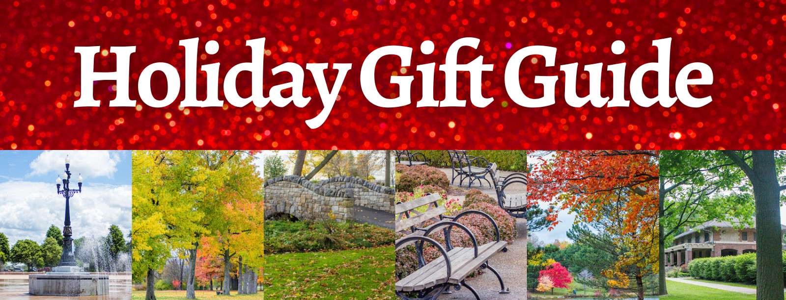 Holiday Gift Guide on a red shimmery background, featuring photos of the Olmsted Park System below