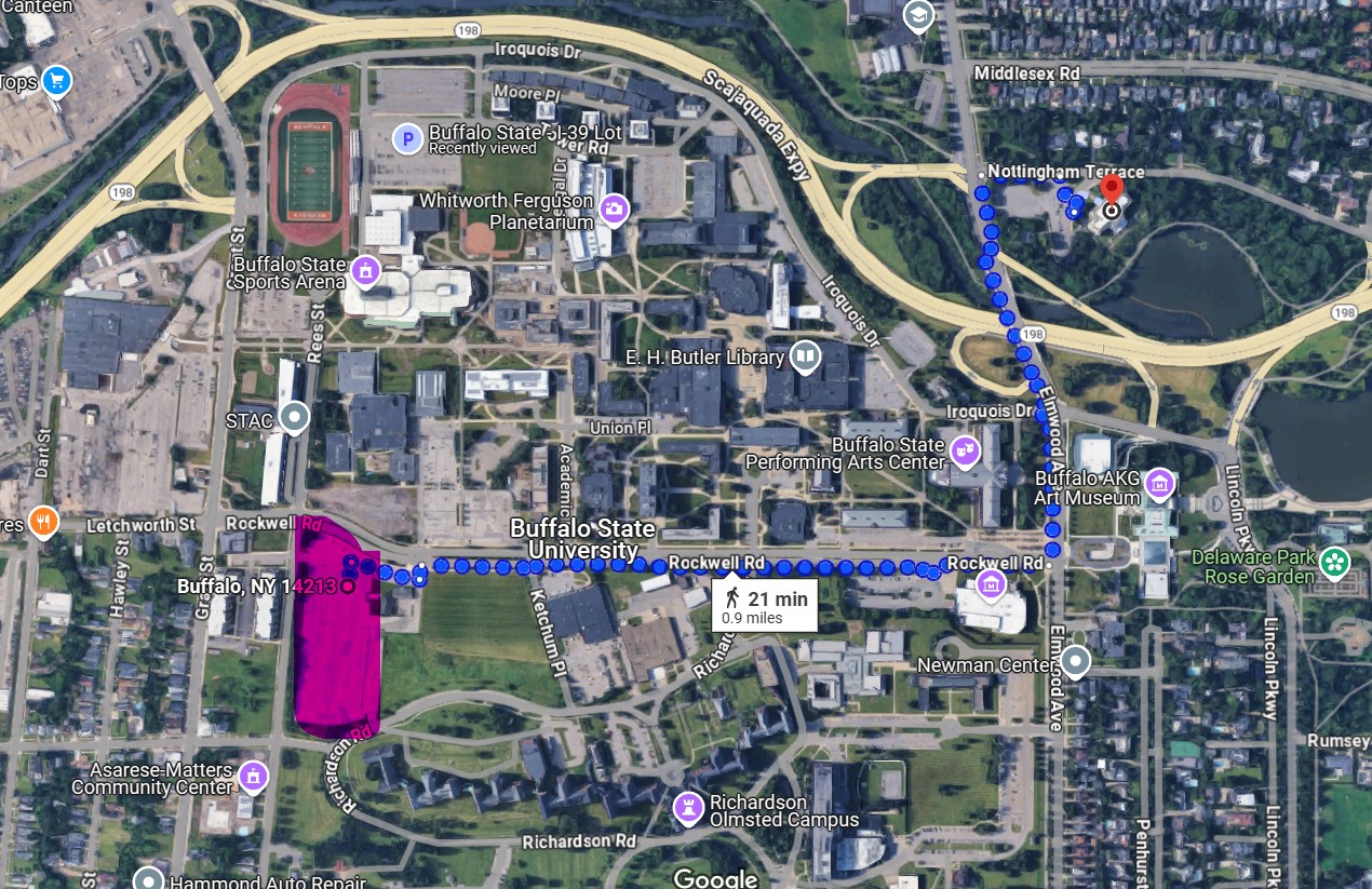 Map showing the parking lot R14 at Buffalo State University and the walking route to the history museum