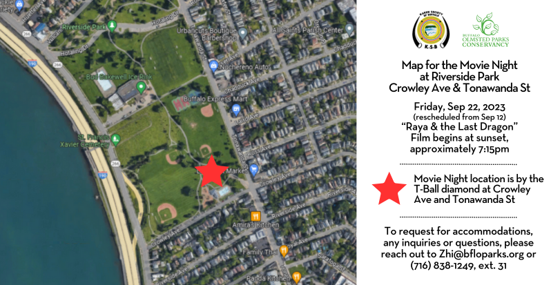 Map of Riverside Park reflecting the location of the movie night, at Crowley Ave and Tonawanda St