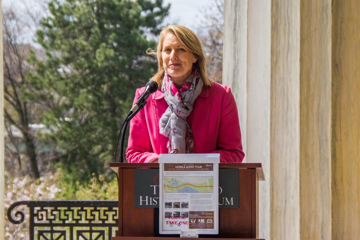 Michelle Mehaffy from Wegmans gives a speech at the press conference