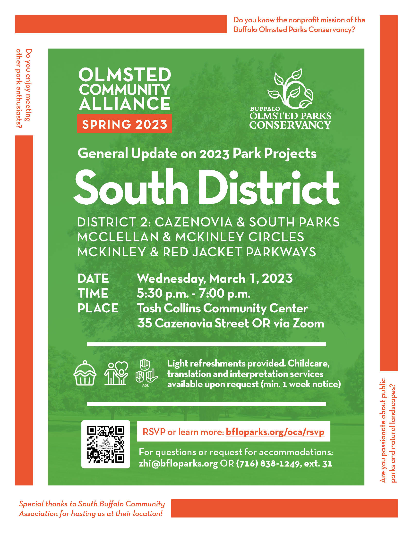 Flyer of the South District Meeting on March 1, 2023 at the Tosh Collins Center, 5:30pm-7pm