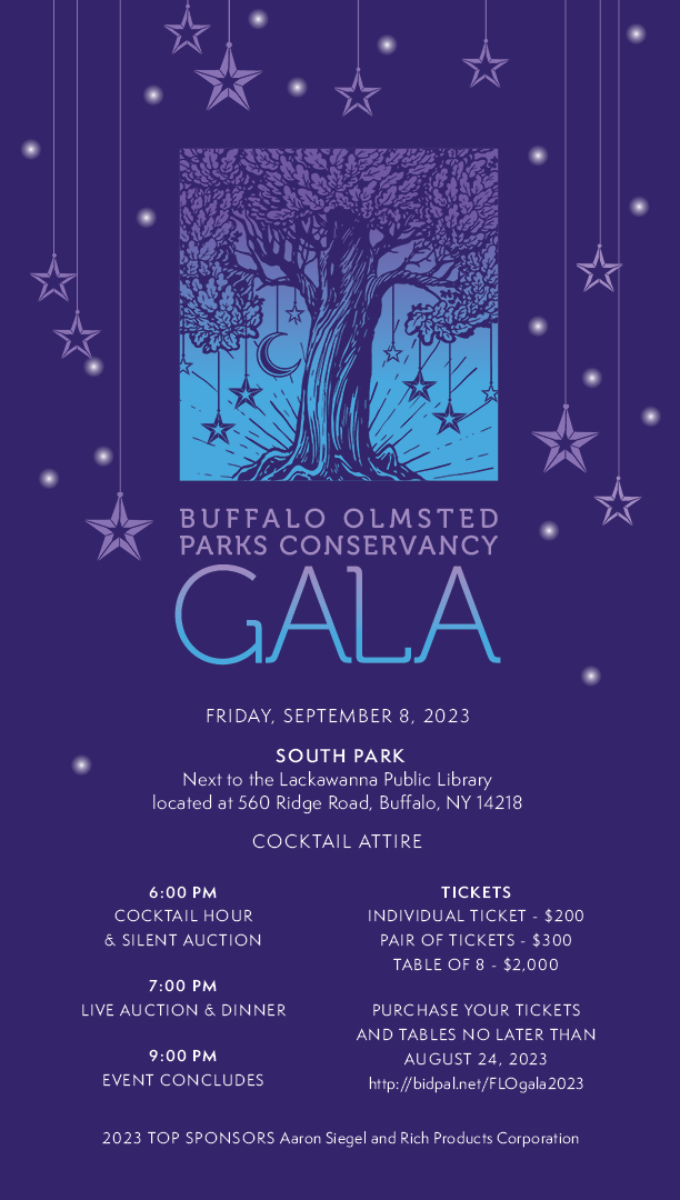 Digital invitation for the 21st FLO Gala at South Park on September 8, 2023. To purchase tickets, please call the Conservancy at 716-838-1249, ext. 11