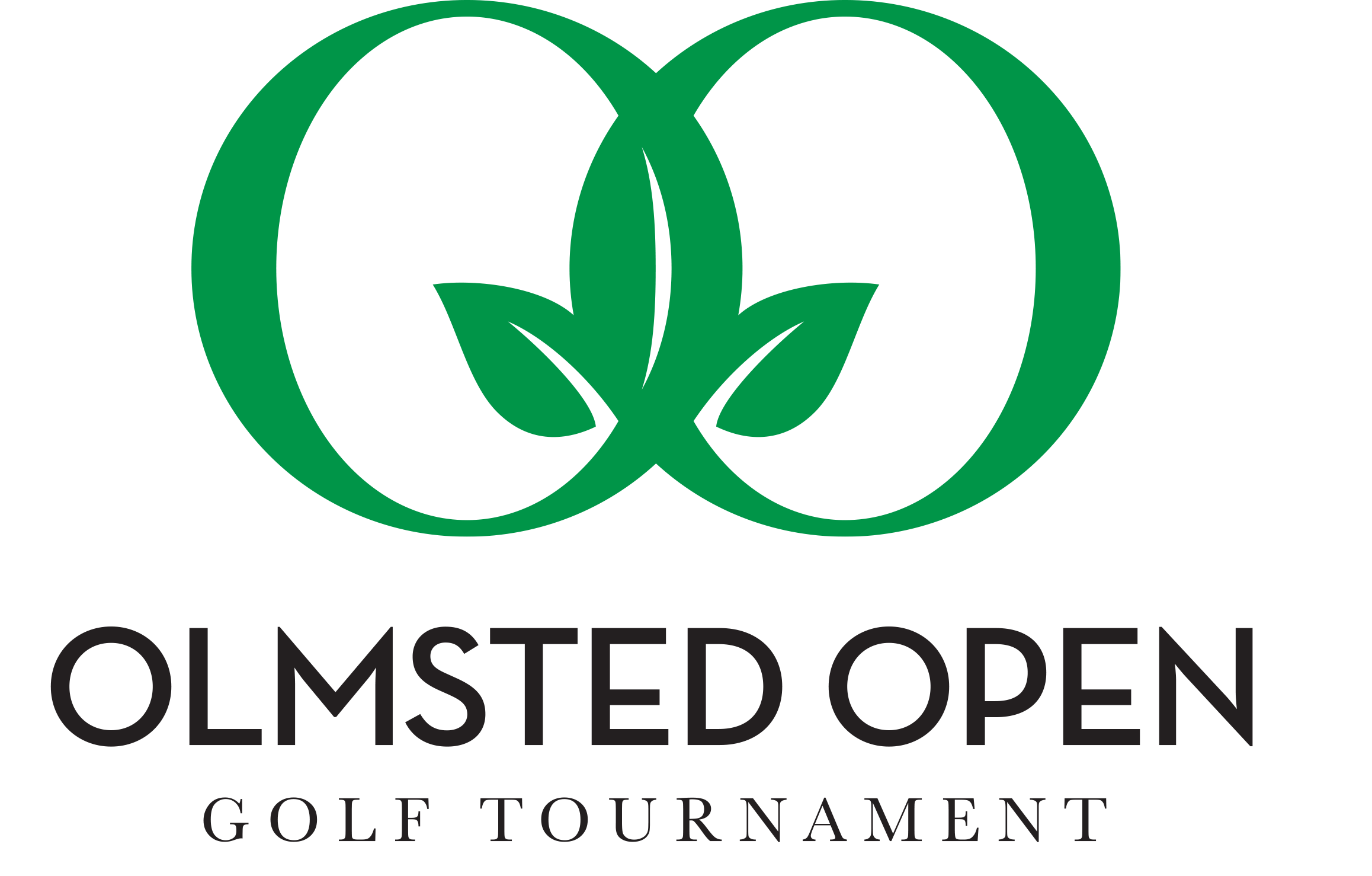 Two letter O connected with a leaf in the middle each. The letter Os and leaves are in Green. The text below it reads Olmsted Open Golf Tournament