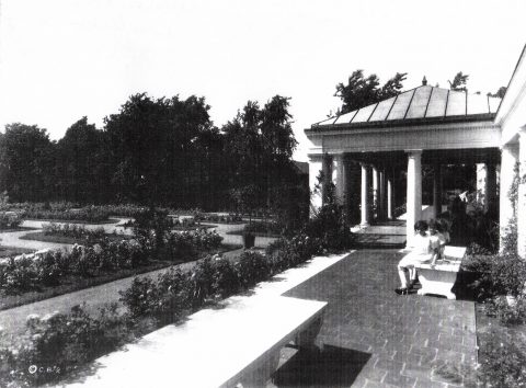 A historic photograph of the pergola in the Rose Garden