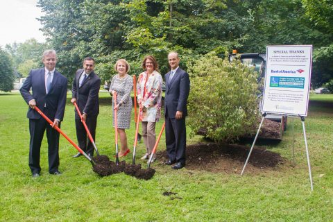 Rumsey Shelter Restoration 2: Alan Bozer, Council Member  Feroleto, Carol Sampson, Stephanie Crockatt, and Kevin Murphy pictured next to a newly planted Kousa Dogwood tree commemorating the groundbreaking of the Rumsey Shelter restoration