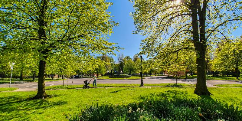 symphony circle is in the middle, surrounded by summer and spring foliage. A middle-aged women is pushing a stroller on a sidewalk