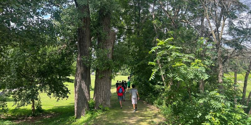 Summer foliage in Cazenovia Park with people walking