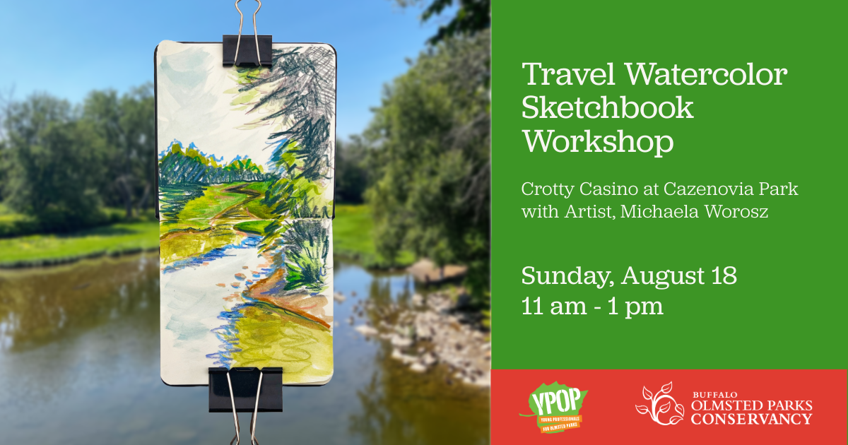 Photo of a watercolor painting on the left, with information on the Travel Watercolor Sketchbook workshop on the right